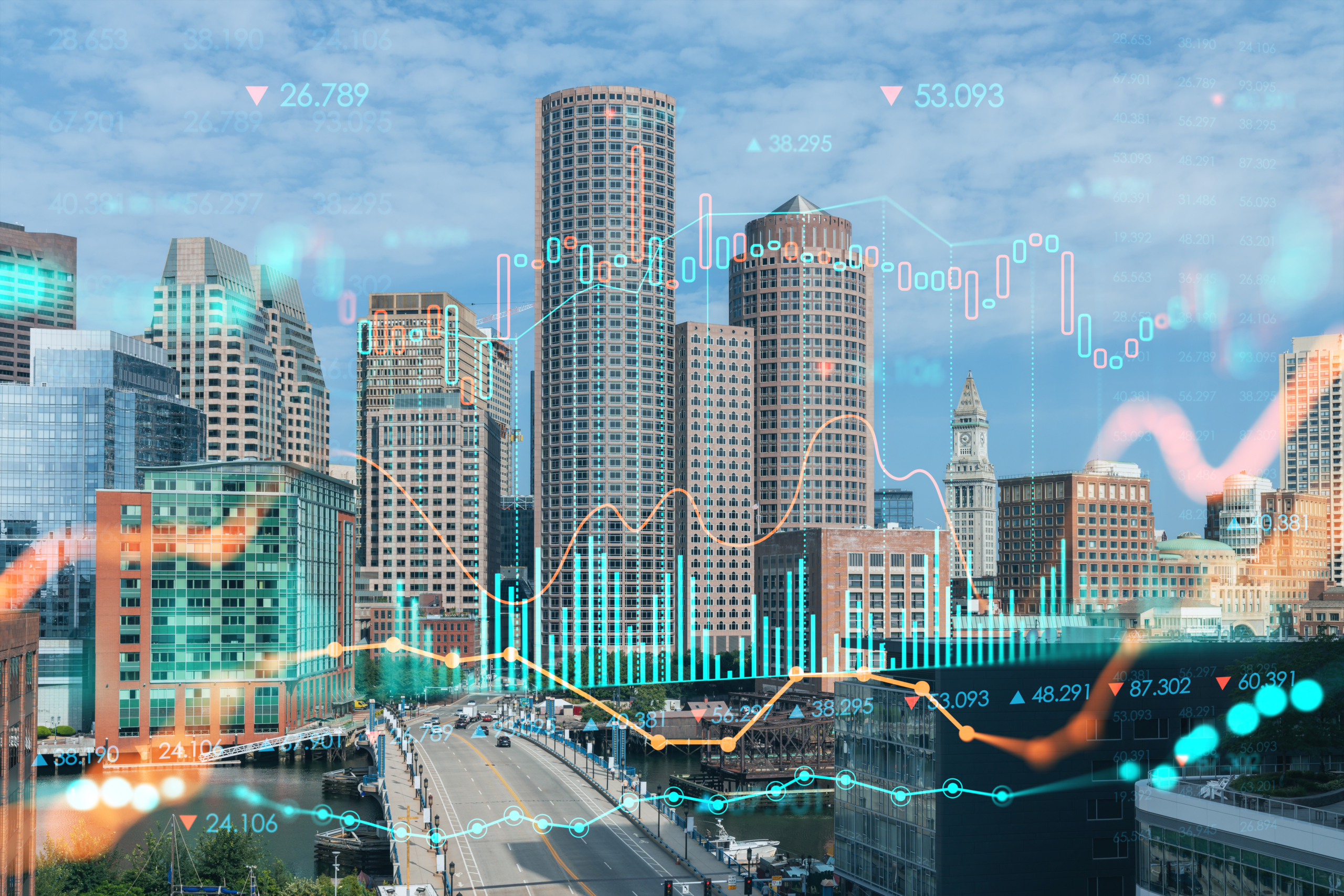 Panorama city view of Boston Harbor at day time, Massachusetts. Building exteriors of financial downtown. Glowing FOREX graph hologram. The concept of international trading and fundamental analysis