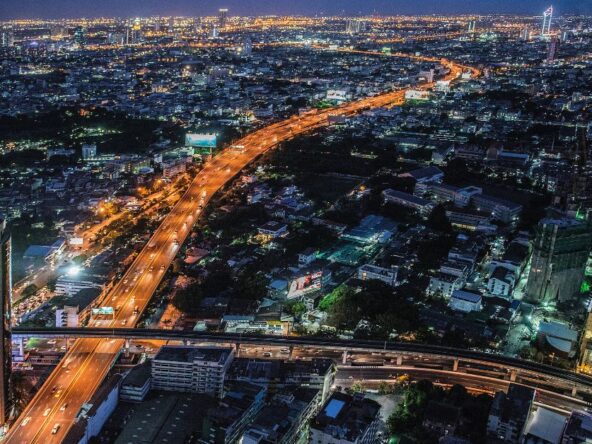 Bird's eyes view of Bangkok night and Chaopraya River